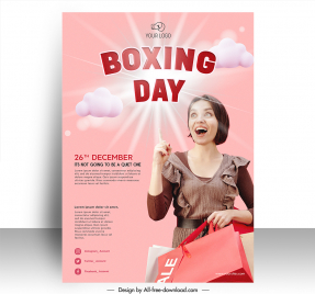 happy boxing day poster template sparkling light effect clouds shopping lady outline modern realistic design
