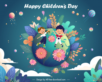 happy childrens day banner poster cute kids globe flowers