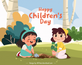 happy childrens day banner template cartoon girls planting tree