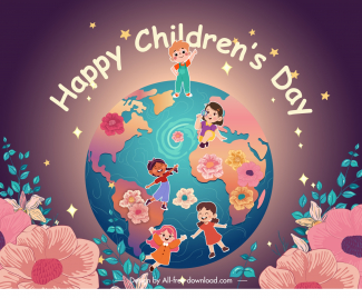 happy childrens day poster template cute kids globe flowers