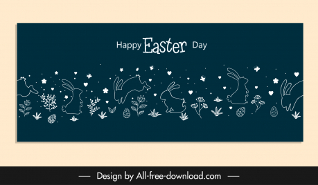 happy easter banner bunnies flowers handdrawn sketch