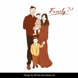 happy family design elements handdrawn cartoon line art outline