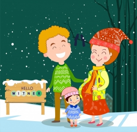 happy family drawing snowy winter colored cartoon design