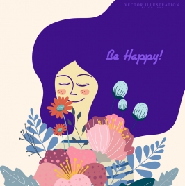 happy greeting card template woman flowers icons decor