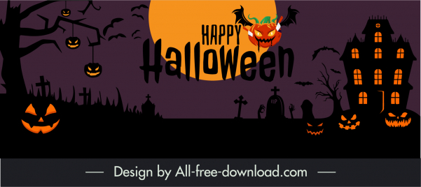 happy halloween banner template dark horror deadly pumpkin tombs moon night elements decor
