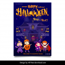 happy halloween poster template cute children with frightening costumes haunted house sketch