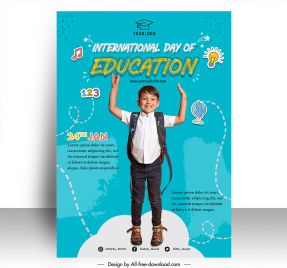 happy international education day poster template dynamic joyful boy sketch modern realistic handdrawn educational elements