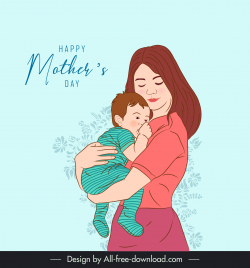 happy mothers day banner template mom baby son cartoon sketch
