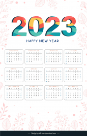 happy new year calendar 2023 template  flowers leaves handdrawn decor