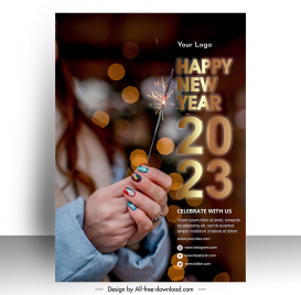 happy new year party banner template closeup hand holding bokeh light decor