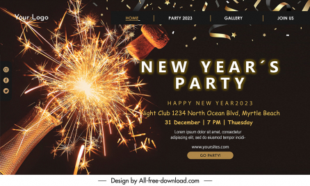happy new year party landing page template modern realistic dynamic fireworks champagne sketch