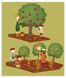 harvests drawings illustration with family gathering fruits
