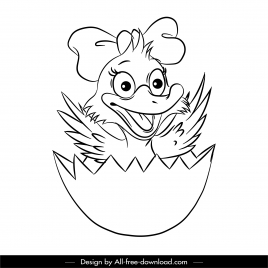 hatched duck icon funny black white cartoon sketch