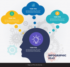 head infographic template silhouette blurred gears clouds ui