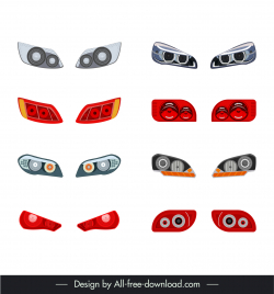 head light car parts icons flat symmetric sketch