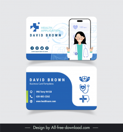 health application business card template cartoon doctor smartphone geometry