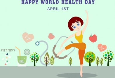 health day banner fitness woman icon colored cartoon