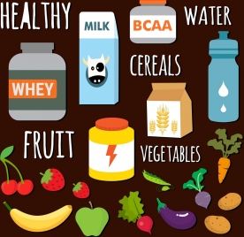 healthy food icons collection various multicolored objects