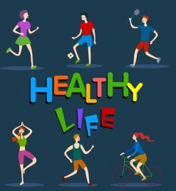 healthy life background sports activities icons cartoon sketch