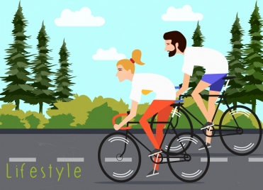healthy lifestyle banner couple riding bicycle colored cartoon
