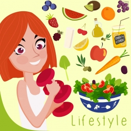 healthy lifestyle banner girl fruits icons decoration