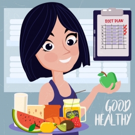 healthy lifestyle banner woman fruits icons colored cartoon