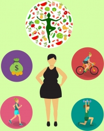 healthy lifestyle concept various activities isolation woman icon