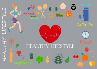 healthy lifestyle design elements in flat colored style