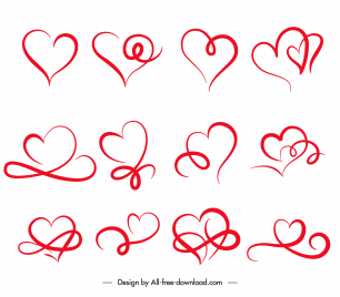 heart icons collection handdrawn curves sketch