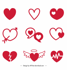 heart icons flat red white handdrawn sketch