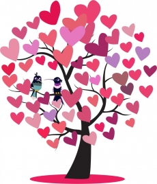 hearts tree icon woodpeckers couple decoration