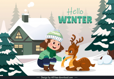 hello winter backdrop template little girl playing with deer