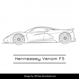 hennessey venom f5 car model icon flat black white  handdrawn side view sketch
