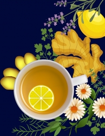 herbal tea advertisement colored flower fruits decoration