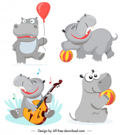 hippo icons cute stylized cartoon sketch joyful activities