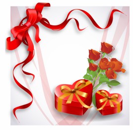 Holiday background with red heart-shaped gift box and rose