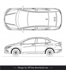 honda city 2017 car model icons flat handdrawn top view side view outline