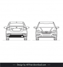 honda city 2017 car models icons flat black white front view rear view outline handdrawn design