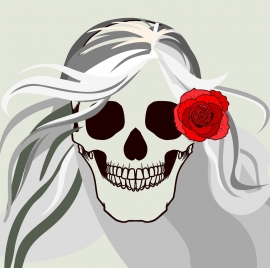 horror skull background red rose ornament