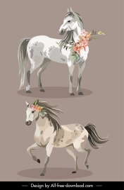 horse icons handdrawn grey sketch flower decor
