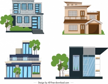 house building icons colored modern design