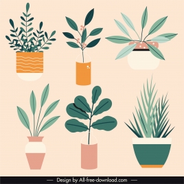 house plants icons colored sketch flat vintage