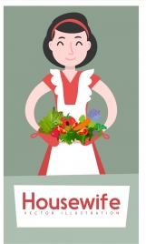 housewife background woman vegetable icons colored cartoon