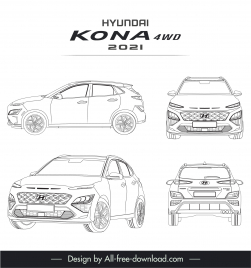 hyundai kona 4wd 2021 car models advertising template handdrawn different views outline