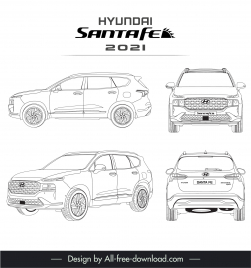 hyundai santafe 2021 car model advertising template black white handdrawn different views outline