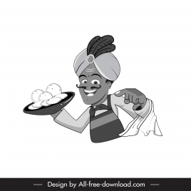 indian chef icon bw cartoon character sketch