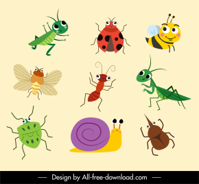 insect species icons cute carton characters handdrawn sketch