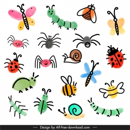 insects animals icons colorful handdrawn sketch