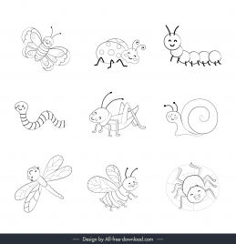 insects sets collection black white handdrawn outline