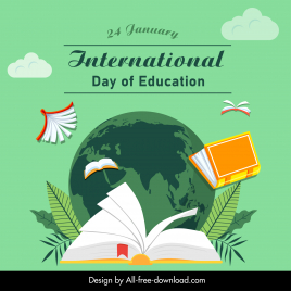 international day of education poster template dynamic flying books globe leaves clouds decor